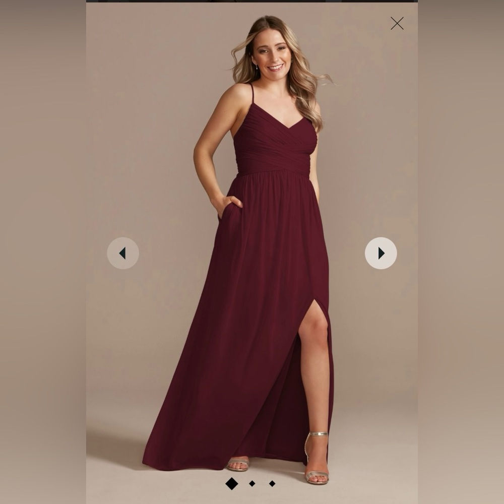 David’s Bridal Long Mesh Bridesmaid Dress with Lace-Up Back